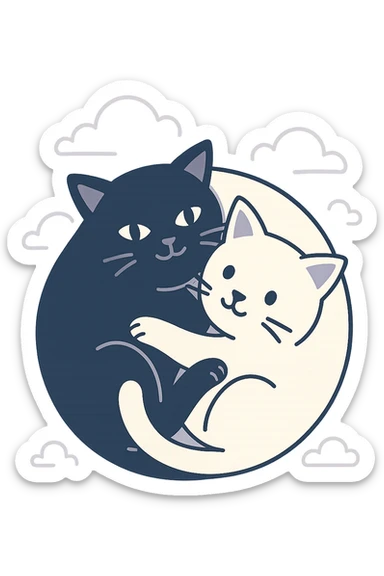 a black cat and a white cat curled together in a yin-yang pose, harmonious and balanced, minimal background, clean lines, simple style sticker
