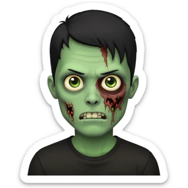 Zombie Emoji AppleIOS Style, lowfade Black Hair, and Black T-shirt, Green Skin, normal expression sticker