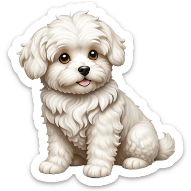 detailed-[curly haired maltese-dog]-realistic-full-body-sitting-emoji,-tail-resting-loosely-beside-its-paws,-head-tilted-dramatically,--wavy-[cream-white]-fur,-simplified-yet-realistic-focused-features,-highly-detailed,-glowing-with-an-almost-sarcastic sticker