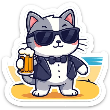 Add sunglasses to the cat in a tuxedo drinking beer on the beach in sticker style, cartoonish and bold with clear outlines and vibrant colors. sticker