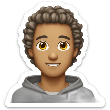 tan guy with brown eyes and a curly manbun in a gray hoodie sticker