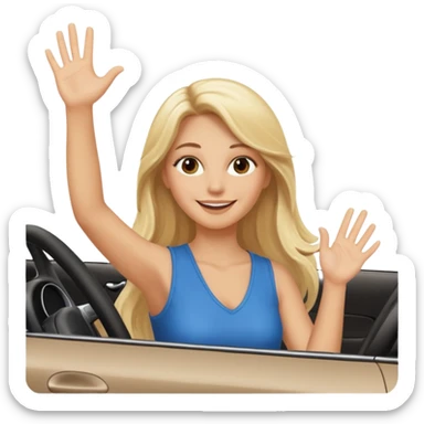 blonde long hairwoman driving car. one hand up Happy face confidence sticker