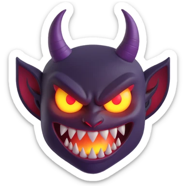 devil emoji with holographic purple and black colors, sharp fangs, glowing yellow eyes, dramatic shadows, holographic effect sticker