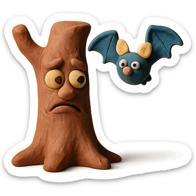 tree trunk with a face and a bat in claymation style sticker