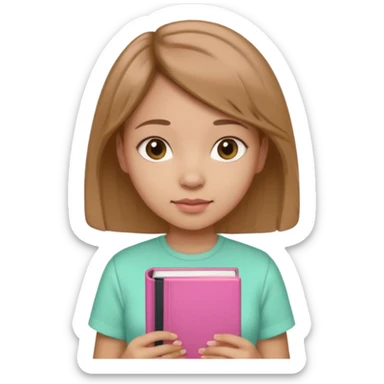 A girl with short light brown hair holding a pink book, wearing a mint shirt sticker