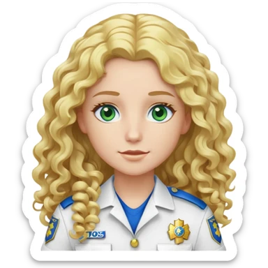 EMS personnel with long curly blonde hair and blue eyes with white and gold uniform green patch sticker