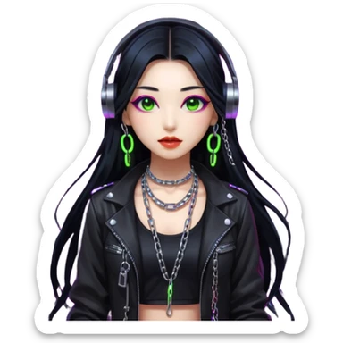  korean-techno-dj-girl,-wearing-a-stylish-edgy-outfit-with-metallic-chains,-long-black-hair,-performing-in-a-neon-lit-underground-club,-cyberpunk-aesthetic,-high-detail-3d-emoji-style,-energetic-and sticker