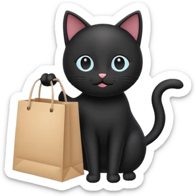 A cute black cat standing on two legs, happily running while holding a shopping bag. Minimalist emoji style, clean vector look, soft colors, rounded shapes, and expressive face sticker