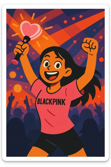 energetic and lively BLACKPINK fan with good stamina, holding a BLACKPINK lightstick, concert atmosphere, vibrant toon style sticker