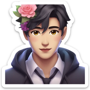 Gorgeous romantic anime style Asian formal modern gentlemanly guy with cat ears and flowers and blushing face aesthetic trending style outside with colorful gradient colors sticker