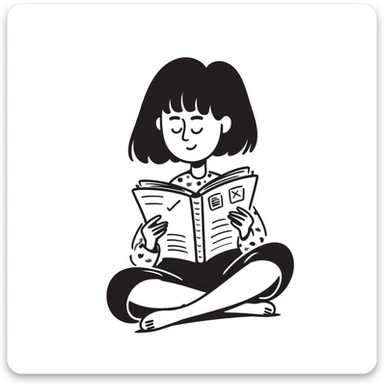 Cute girl sitting cross-legged reading from an open notebook with concentration sticker