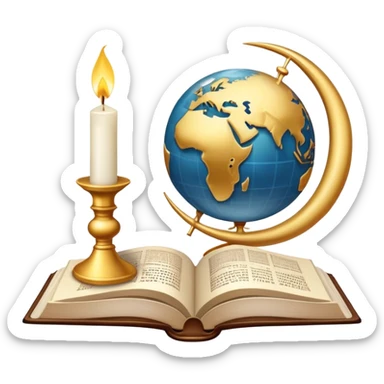 An icon featuring a holy book, a candle, and a cross, symbolizing religious studies. The design includes a globe with various religious symbols: a crescent moon and star (Islam), a lotus flower (Buddhism), representing global belief systems. Transparent background. sticker
