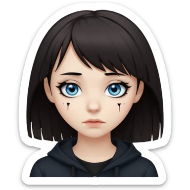 white emo girl with dark brown hair and bangs over her whole forehead wearing black eyeliner with blue eyes wearing black clothes with a black broken heart above her head sticker