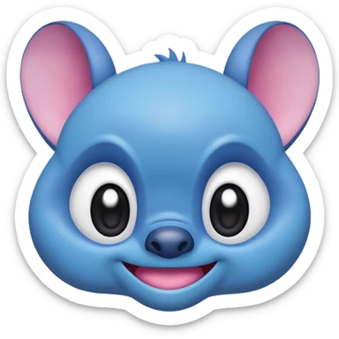 cute emoji-style alien face inspired by Stitch from Lilo & Stitch, only the head, big round dark eyes, wide playful smile, blue fur, large floppy ears with pink inside, kawaii style, minimal details, pastel colors sticker