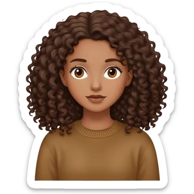 A white girl with long dark brown curly hair and a brown jumper sticker