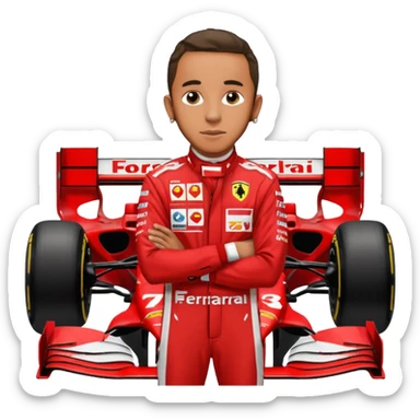 lewis hamilton en combinaison rouge ferrari devant sa f1 sticker