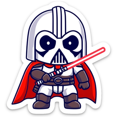 Oreo cookie wearing Sith lord helmet and cape with red lightsaber sticker