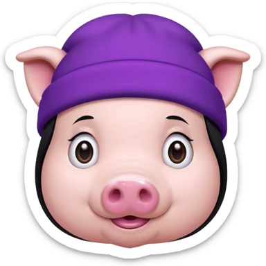 cute pig with a purple beanie and long straight black hair sticker