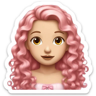 A white girl face with cute pinkish makeup and pretty pink hair ribbon and brown long curly hair; long like ling hair princess sticker