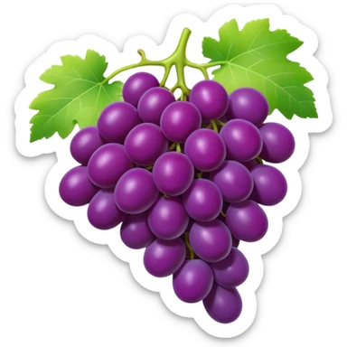 3D iPhone style emoji of a bunch of grapes, plump and shiny, purple color, attached to a small green stem, isolated on white background, soft shadows, high detail, playful and cute. sticker