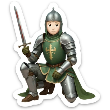 A lone medieval knight in a green worn armor kneels. His helmet is closed, hiding his face, conveying silence, exhaustion and contemplation. A long sword is planted in the ground beside him, its hilt resting near his gloved hands as if he is praying or resting after battle. sticker