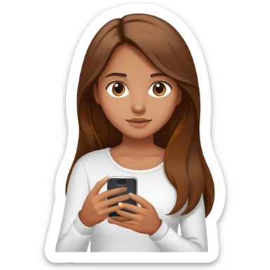 girl with long brown hair wearing a white top holding a smartphone sticker