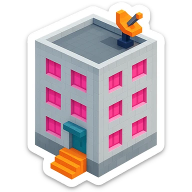 Russian panel apartment building, compact square block, light gray, pink windows, entrance with steps, satellite dish on rooftop, isometric view sticker