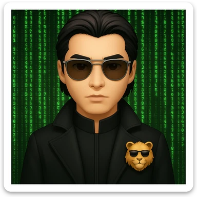Add a green Matrix code background behind Neo with a lion head, keeping the emoji style look and feel. sticker