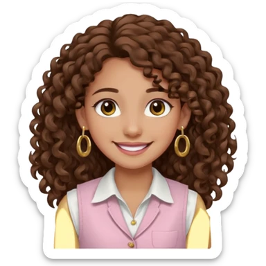 chica un poco morena (no demasiado), pelo rizado largo, sonriendo, con ojos grandes y marrones con camisa rosa palo y un chaleco blanco y aretes dorados en forma de circulo en sus orejas  sticker