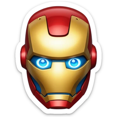 Iron Man helmet emoji, shiny metallic red and gold, blue glowing eyes, sleek and modern, simplified and expressive, bold colors, emoji style sticker