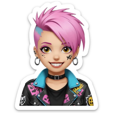 a punk girl with dyed hair and wear a punk graffiti jacket with black choker grin playfully  sticker