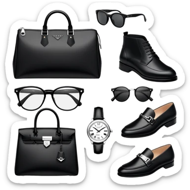 bag and watch, and glasses 1, shoes specfic, all BLACK AND WHITE AND SILVER OR WHITE PLATED GOLD put together like a bundle with no face, all luxury items like lv and prada, and rolex, and balenciaga sticker