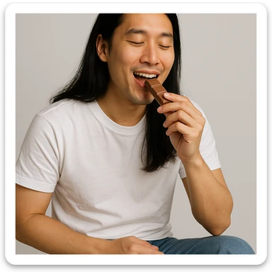 long haired Asian man enjoying chocolate, dressed in white T-shirt and jeans, minimal background sticker