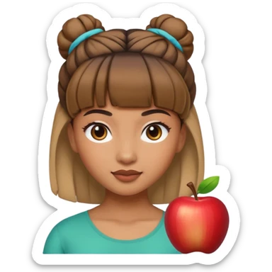 In Apple Memoji format, a girl with bangs and her hair in a bun. The girl has light brown skin and arab ethnic features sticker