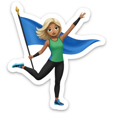 emoji style colorguard girl holding a green and blue flag, wearing black leggings and a green and blue top, energetic pose sticker