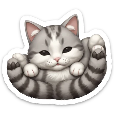 grey and white small cat with eyes closed lying down upside down with its paws/arms tightly covering its own face sticker