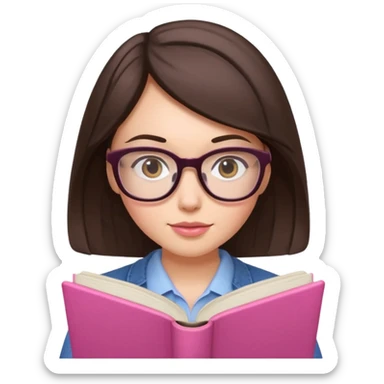 brunette with glasses reading a pink book sticker