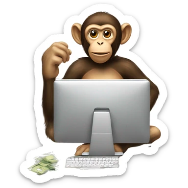 A monkey at a computer with a lot of money around him sticker