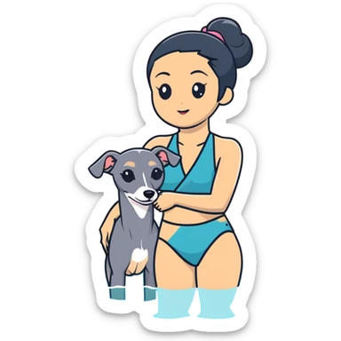 Very thin and slim Chinese woman with long black hair in pool attire at an indoor swimming pool with her Italian greyhound that is COMPLETELY solid dark grey with ABSOLUTELY ZERO white markings anywhere - 100% uniform dark grey color only sticker