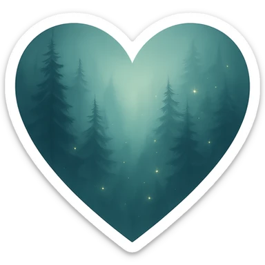 heart with a misty forest and fireflies theme, clean digital illustration sticker