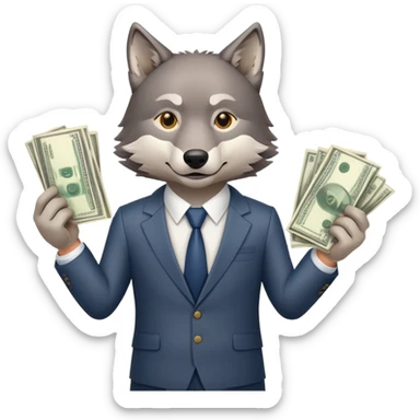 wolf in business suit holding money and stock charts sticker