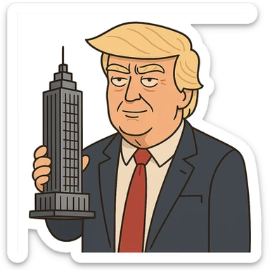 Donald Trump as a real estate owner cartoon style holding a skyscraper model wearing a suit and red tie sticker
