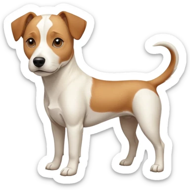 a full body facing front on of a buff white beagle cross jack russell terrier looking dog the size of a kelpie with light brown long ears resting on its face and a light brown patch above one eye and a large snout. the rest of the dog is completely white.  sticker