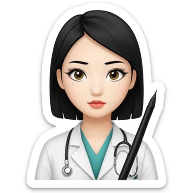 Medical student, black hair, black eyes, false eyelashes, makeup, eyeliner, Asian sticker