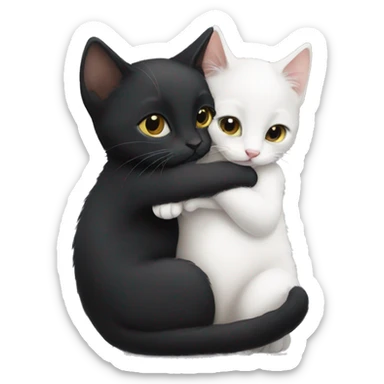 Black kitten and white kitten hugging eachother cutely sticker