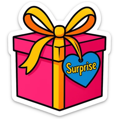 Recreate the blue heart-tagged pink gift in a vibrant toon style, with the name 'Surprise' on the tag, no background. sticker