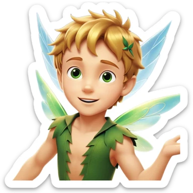 cinematic-realistic-peter-pan-portrait, head tilted dramatically with an exaggeratedly amused expression and sparkling eyes brimming with playful mischief, his iconic outfit rendered in vivid detail with dynamic shadows, soaring through the air. Next to him is a glowing Tinker Bell, whose delicate wings leave a trail of shimmering pixie dust across a whimsical sky. sticker