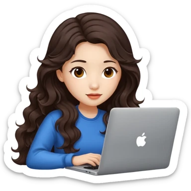 beautiful girl, with long dark brown hair, wavy hair, chinese, with laptop sticker