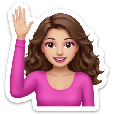 girl with long wavy brown hair, brown eyes, long lashes makeup, sexy pink lips, light to medium complexion, wearing a pink sexy top, both hands in the air high sticker