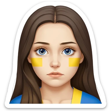 Brunette woman with long hair, Ukrainian flag (blue and yellow) painted on her cheek, sad expression sticker